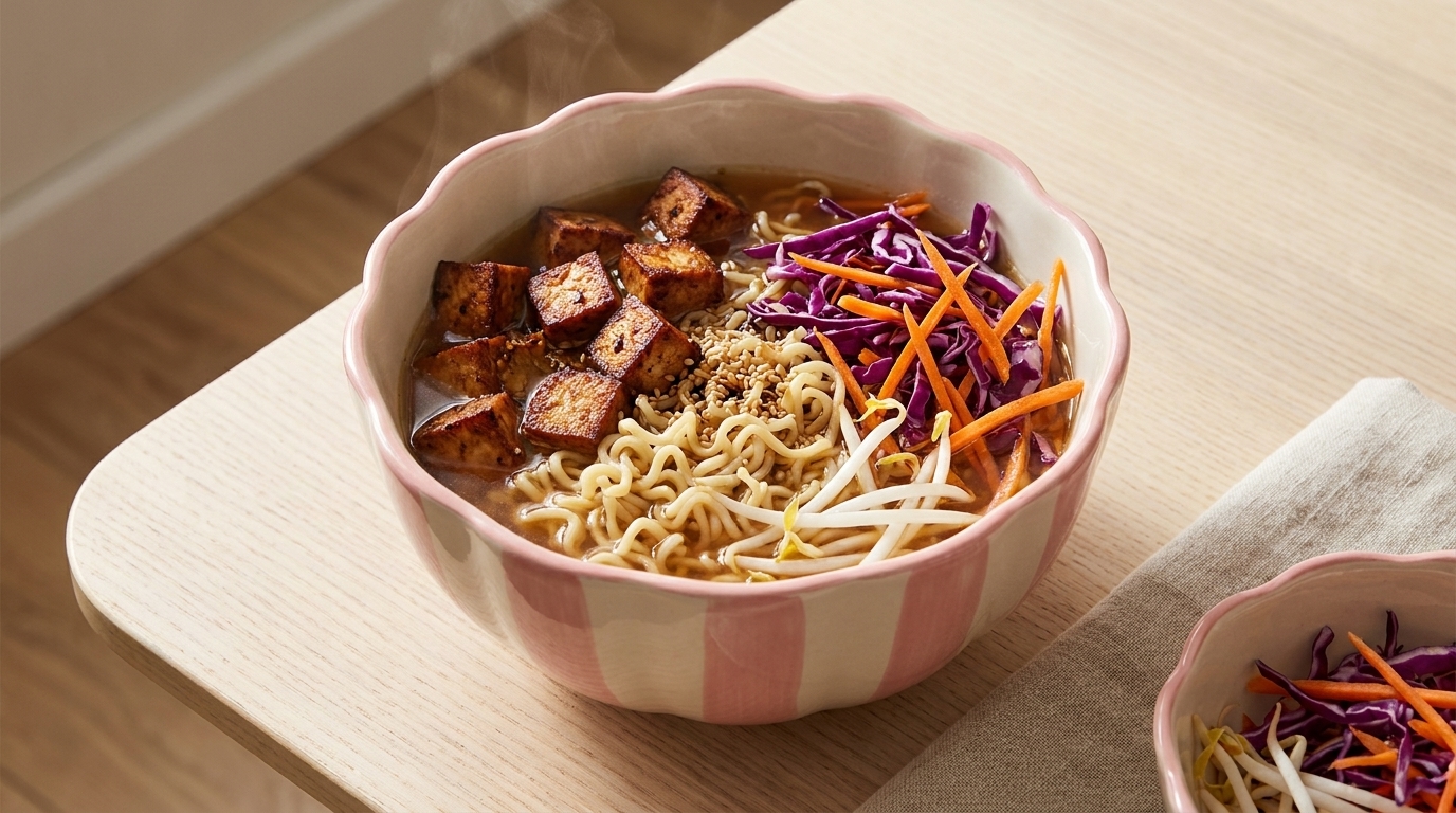 Eine Schüssel mit dampfenden Ramen-Nudeln, garniert mit gebratenem tofu, lila Kohl, Karottenstreifen und Sprossen. Die Schüssel hat einen pink-weißen Streifenmuster und steht auf einem Holztisch.