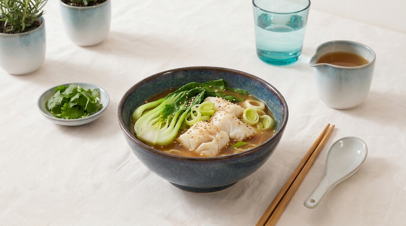 Eine Schüssel mit Ramen-Suppe, die frischen Fisch, Pak Choi und Frühlingszwiebeln enthält. Neben der Schüssel sind ein kleiner Teller mit Koriander, ein Glas Wasser und ein Kännchen mit Brühe zu sehen. Essstäbchen liegen neben der Schüssel.