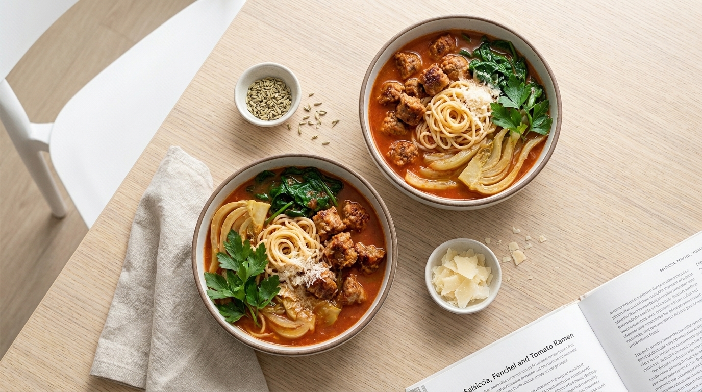 Zwei Schalen mit Spaghetti in Tomatensauce, garniert mit grünen Blättern und fleischigen Bällchen. Neben den Schalen befinden sich kleine Schalen mit Gewürzen und Käse. Eine Serviette liegt neben den Schalen, und ein geöffnetes Kochbuch ist am Rand des Tisches sichtbar.
