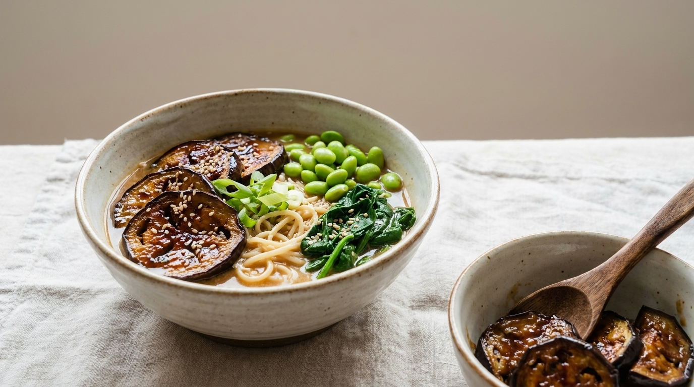 Eine Schüssel mit Ramen-Nudeln, garniert mit gebratenen Auberginenscheiben, grünen Edamame und frischem Spinat. Neben der Hauptschüssel steht eine kleinere Schüssel mit zusätzlichen gebratenen Auberginen. Der Hintergrund ist hell und schlicht gehalten.