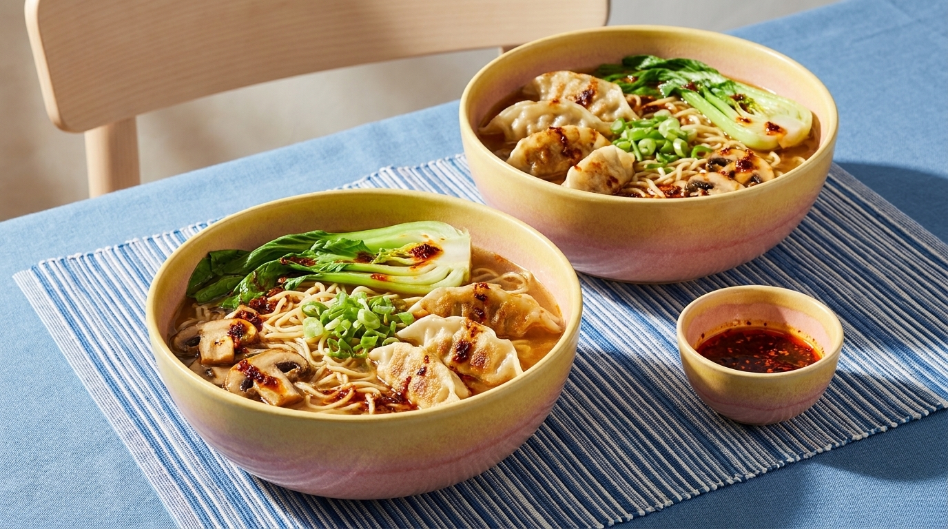 Zwei große Schalen mit warmem Nudelsuppe, gefüllt mit Gyoza und Pak Choi, sind auf einem Tisch platziert. Neben den Schalen steht eine kleinere Schale mit roter Chilisauce. Der Tisch hat eine strukturierte, gestreifte Tischdecke.