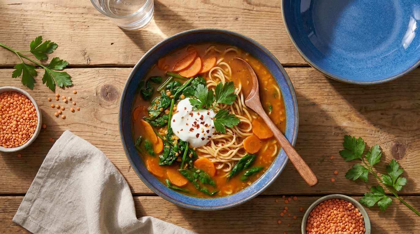Eine Schüssel mit dampfender Nudelsuppe, gefüllt mit Karotten, Spinat und roten Linsen. Obenauf befindet sich ein Klecks saure Sahne und frische Petersilie. Die Umgebung umfasst einen Löffel, ein Geschirrtuch und einige Zutaten in kleinen Schalen.