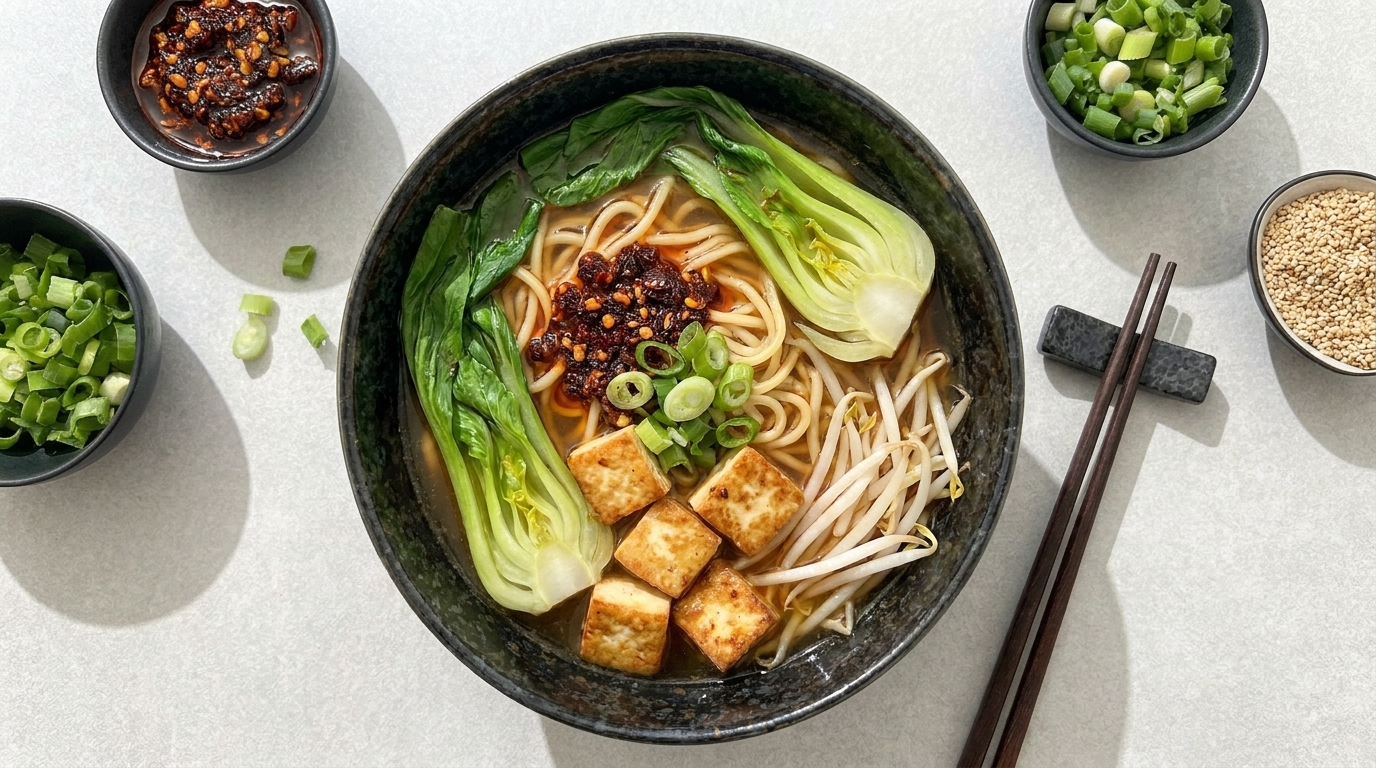 Eine Schüssel mit Nudelsuppe, garniert mit Pak Choi, Tofu-Würfeln, Sprossen und Frühlingszwiebeln. Neben der Schüssel befinden sich kleine Schalen mit scharfer Soße, gehackten Frühlingszwiebeln und Sesam. Essstäbchen liegen bereit.