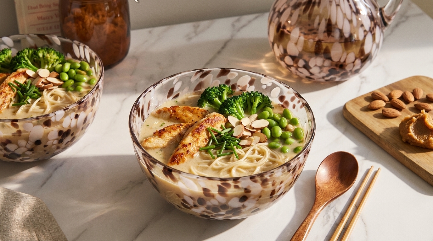 Zwei Schalen mit Nudelsuppe sind auf einem marmorierten Tisch platziert. Die Suppe enthält gegrilltes Hähnchen, Brokkoli, grüne Erbsen und gehobelte Mandeln. Daneben liegt ein Holzbrett mit Mandeln und eine Holzlöffel. Im Hintergrund ist eine Glaskaraffe sichtbar.