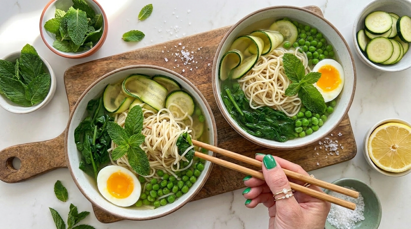 Zwei Schalen mit Nudelsuppe sind auf einem Holzbrett angeordnet. Die Suppe enthält Zucchini, Erbsen, Spinat, frische Minze und ein halbiertes Ei. Eine Hand mit grüner Nagellack hält Stäbchen über einer Schale. Schneidebretter und Schalen mit frischen Kräutern sind im Hintergrund sichtbar.