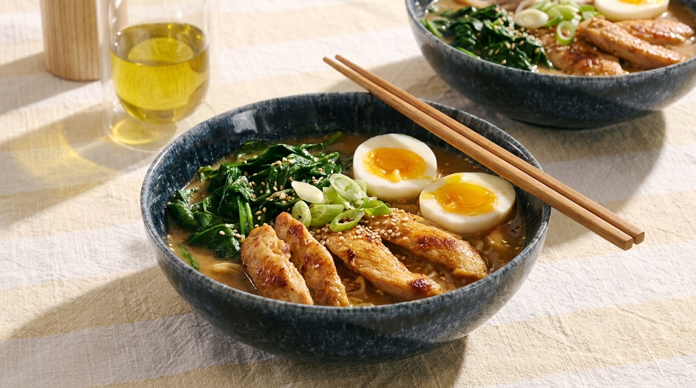 Eine Schüssel Ramen mit gegrilltem Hähnchen, Spinat und halbierten weichgekochten Eiern. Essstäbchen liegen auf der Schüssel. Im Hintergrund ist ein Glas mit einer gelblichen Flüssigkeit sichtbar.