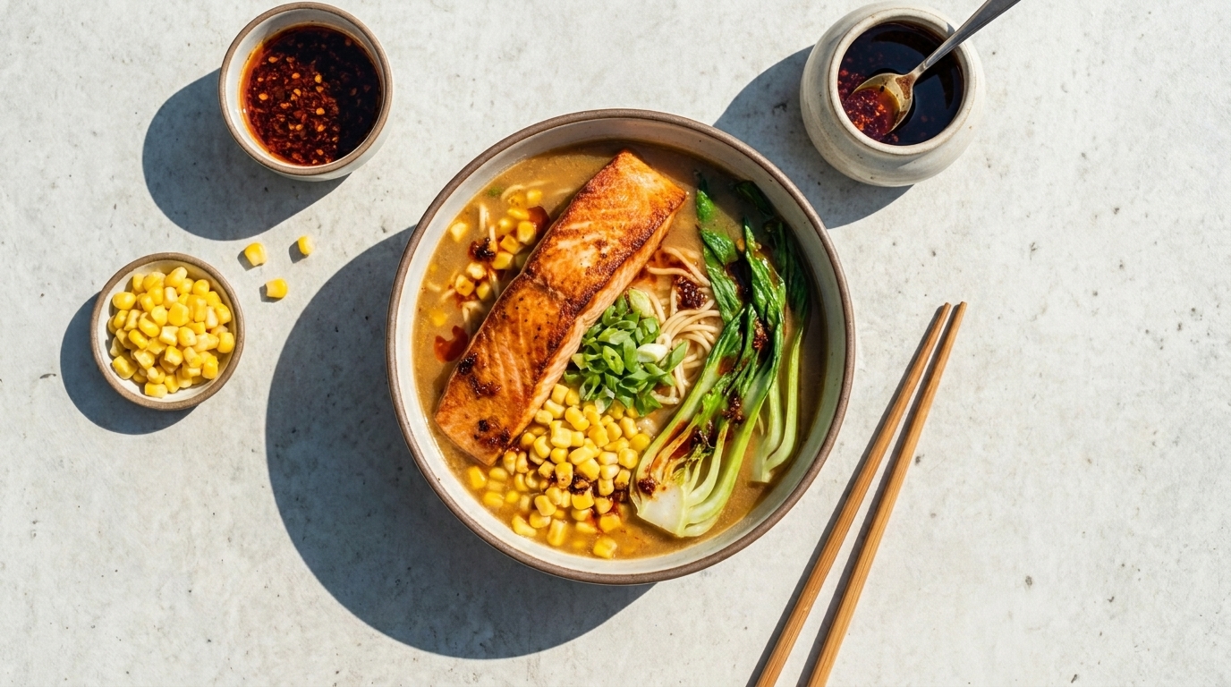 Eine Schüssel Ramen-Suppe mit gebratenem Lachs, Frühlingszwiebeln und Gemüse. Daneben befinden sich kleine Schalen mit Mais und Soßen. Essstäbchen liegen bereit. Der Hintergrund ist hell und schlicht.