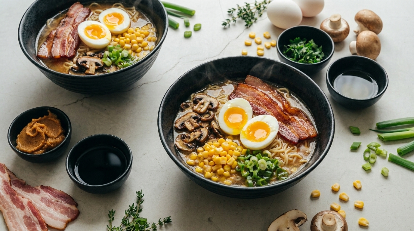 Zwei Schalen Ramen mit Eiern, Corn, Pilzen und Speck. Daneben stehen kleine Schalen mit Gewürzen, Zwiebeln und frischen Zutaten. Der Tisch wirkt elegant und einladend.