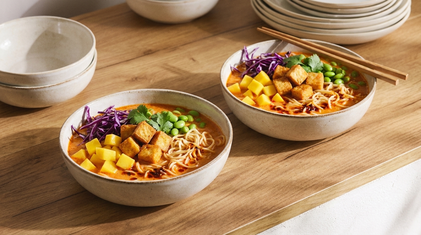 Zwei Schalen mit dampfender Nudelsuppe stehen auf einem Holztisch. Die Suppe ist reichhaltig mit Tofu, grünen Erbsen, roten Kohlscheiben und Mango-Stücken garniert. Neben den Schalen befindet sich ein Stapel unbenutzer Teller und Essstäbchen.