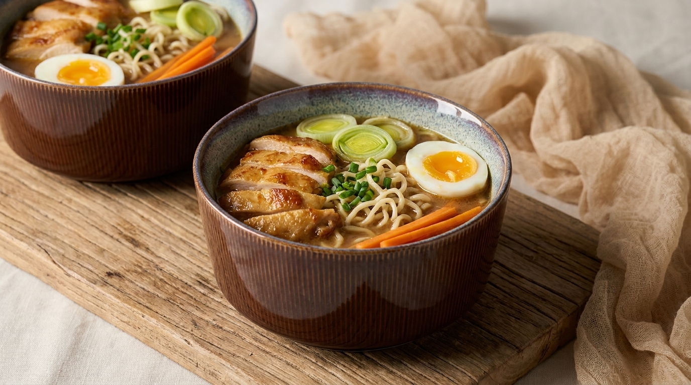 Zwei Schalen Ramen stehen auf einem Holzbrett. Die Suppe enthält gebratenes Hähnchen, Frühlingszwiebeln, eingelegtes Ei und Karottenstreifen. Die Schalen sind dunkelbraun und die Umgebung ist neutral gehalten.