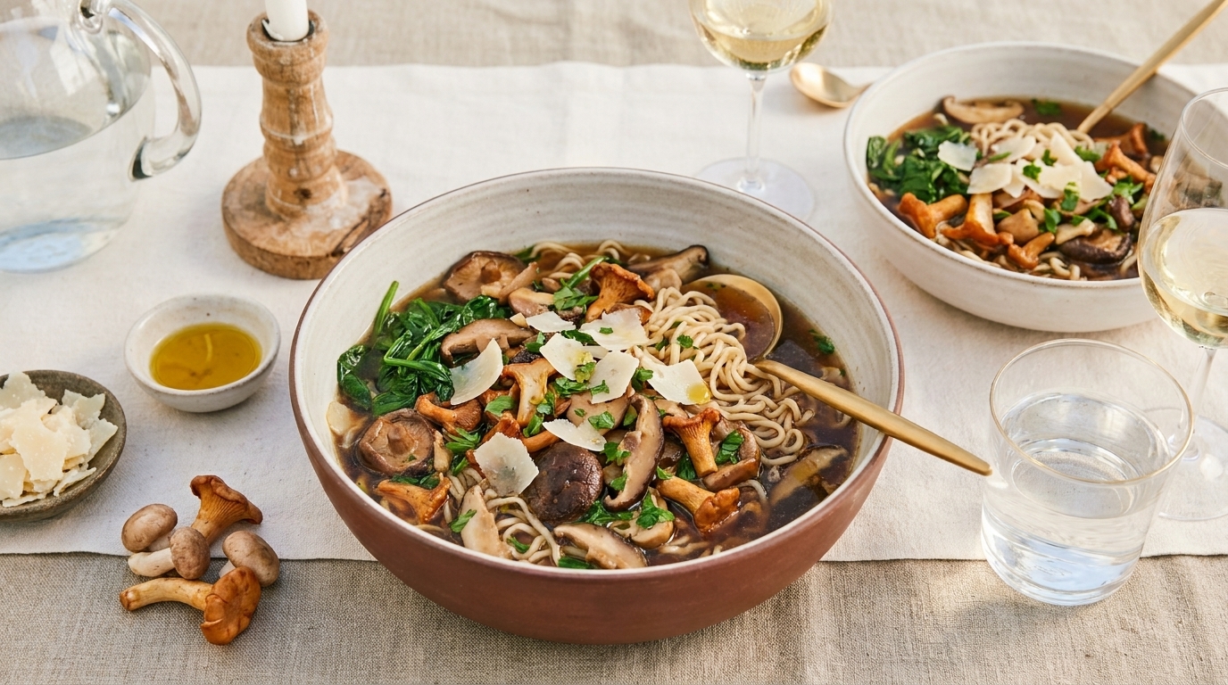 Zwei große Schalen mit Nudelgericht, garniert mit frischem Spinat, Pilzen und Parmesan, stehen auf einem Tisch. Neben den Schalen befinden sich zwei Gläser Weißwein, ein Krug Wasser und eine kleine Schale mit Olivenöl. Der Tisch ist schlicht mit einer weißen Tischdecke gedeckt.