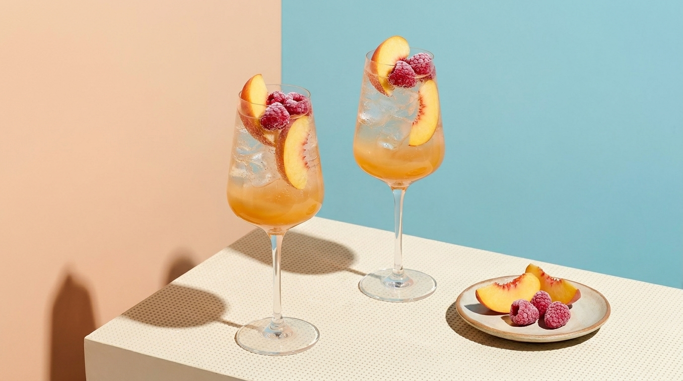 Zwei Gläser mit einem fruchtigen Getränk stehen auf einem hellen Tisch. Die Gläser sind mit Eis, Pfirsichscheiben und Himbeeren dekoriert. Neben den Gläsern befindet sich ein kleiner Teller mit weiteren Pfirsichscheiben und Himbeeren. Der Hintergrund ist in sanften Farbtönen gehalten.