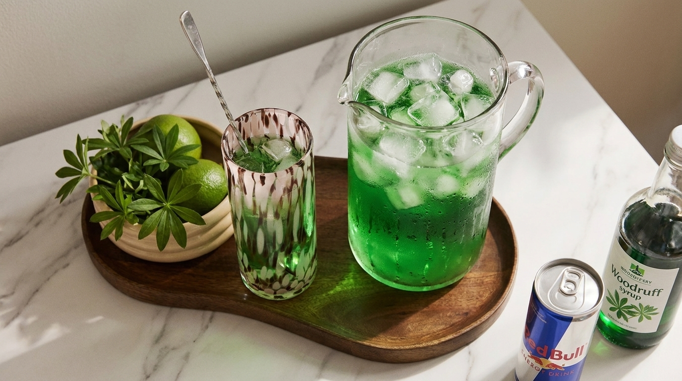Glaskrug und passendes Glas mit grünem, eisgefülltem Getränk auf einem Holztablett, daneben ein Löffel und eine kleine Topfpflanze.