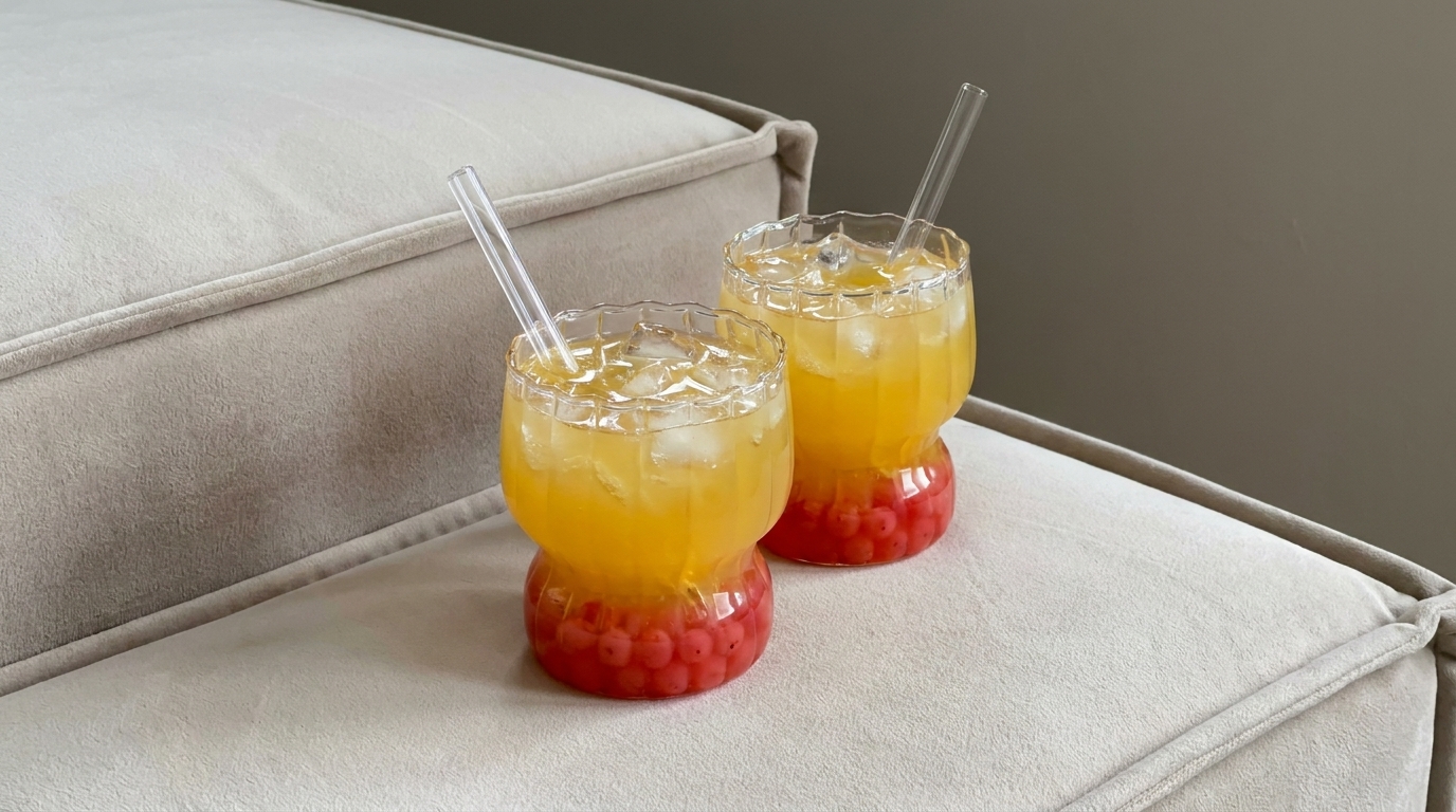 Zwei Drinks in bunten Gläsern stehen auf einem hellen Sofa. Die Gläser haben eine rote Basis und sind mit Eis gefüllt, während eine erfrischende, blassorange Flüssigkeit sichtbar ist. Jeder Drink ist mit einem Strohhalm ausgestattet.