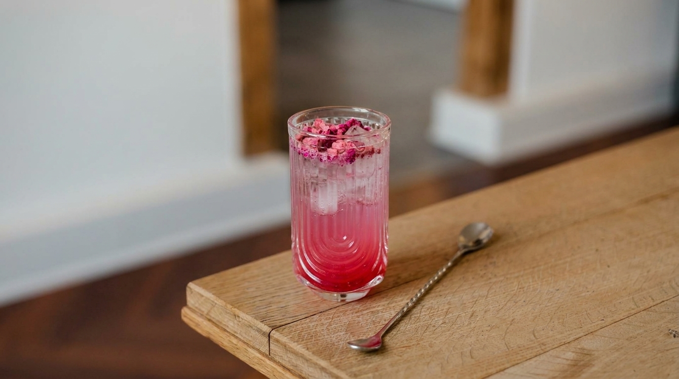 Ein Glas mit einem pinkfarbenen Getränk steht auf einem Holztisch. Das Getränk ist mit Eiswürfeln gefüllt und oben mit getrockneten Blüten dekoriert. Neben dem Glas liegt ein silberner Löffel. Der Hintergrund ist unscharf und zeigt eine helle, moderne Innenarchitektur.