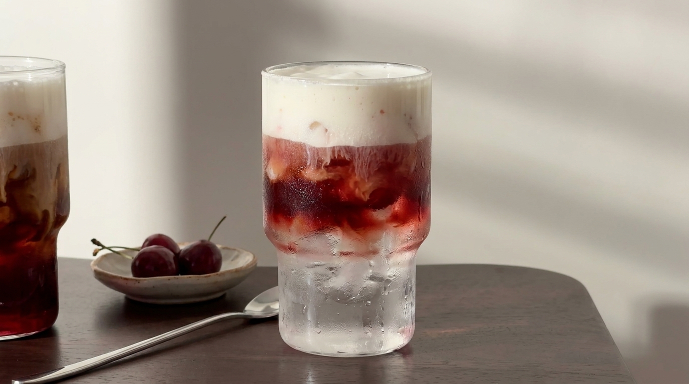 Ein Glas mit einem geschichteten Getränk aus Dunkelrot und Sahne, auf einem Tisch. Daneben liegt ein kleiner Teller mit einigen Kirschen und ein Löffel. Sanftes Licht erzeugt Schatten im Hintergrund.
