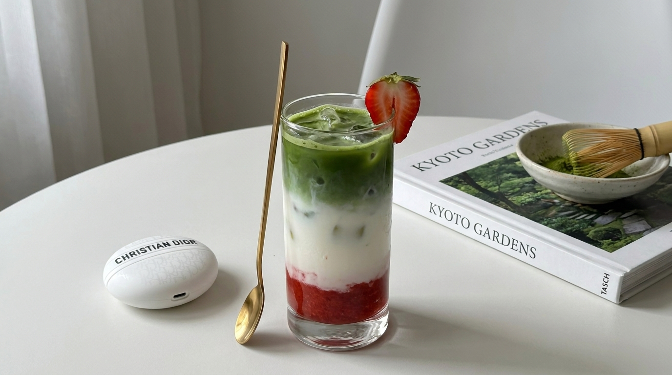 Ein Glas mit einem geschichteten Getränk in den Farben Rot, Weiß und Grün steht auf einem Tisch. Oben ist frische Erdbeere. Daneben liegen ein Teebesen und ein Buch mit dem Titel "Kyoto Gardens". Ein Löffel aus Metall steht am Glas.
