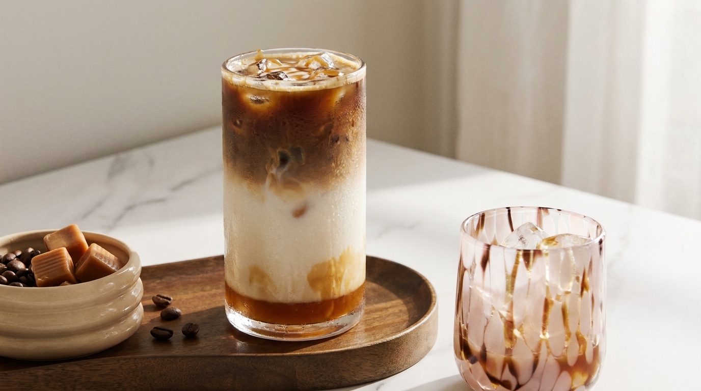 Hohes Glas mit geschichtetem Eiskaffee: Milch unten, Karamell, Eiswürfel und Espresso oben.