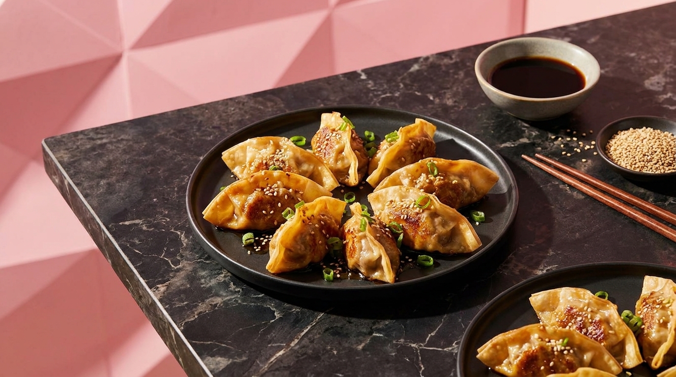 Schwarzer Teller mit gebratenen Teigtaschen (Gyoza), garniert mit Sesam und Frühlingszwiebeln; daneben kleine Schale Sojasauce und Essstäbchen.