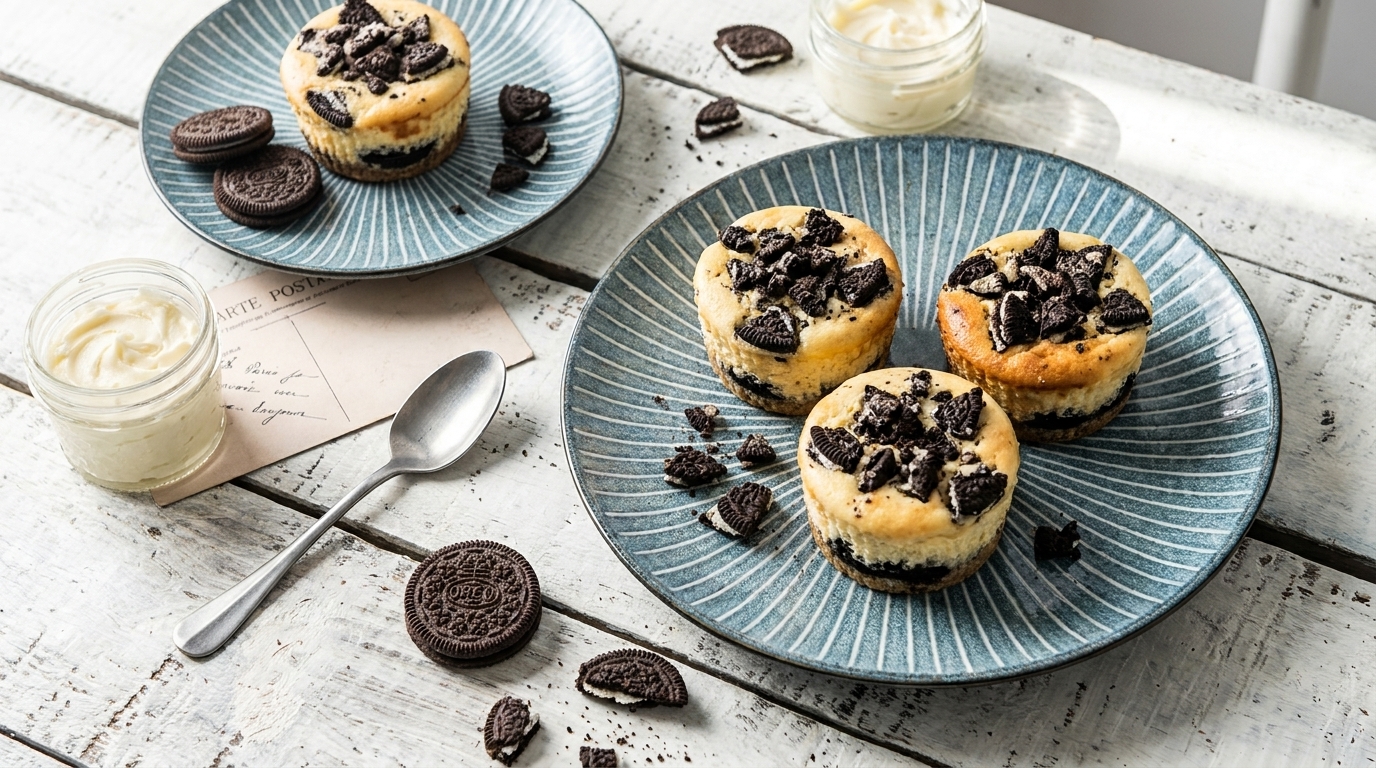 Drei Mini‑Cheesecakes mit Oreo‑Kekskrümeln auf einem blauen Teller, umgeben von zerbrochenen Keksen und kleinen Sahnegläsern auf hellem Holz.