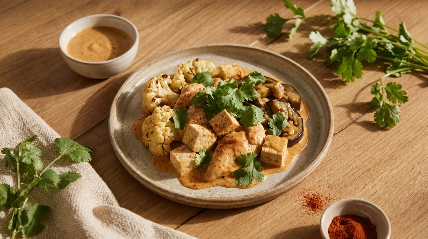 Teller mit gebratenem Blumenkohl, gewürfeltem Tofu und Pilzen, garniert mit frischen Korianderblättern; kleine Schale mit würziger Sauce daneben.