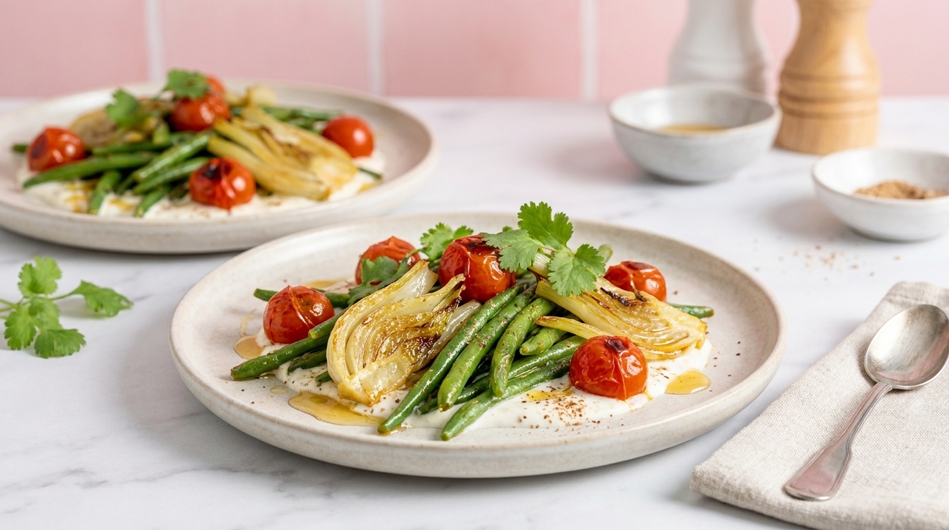 Teller mit geröstetem Fenchel, grünen Bohnen und Ofencherrytomaten, garniert mit Koriander und leichtem Öl, appetitlich angerichtet.