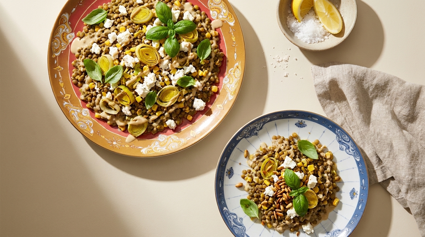 Zwei dekorative Teller mit Linsensalat, belegt mit Artischockenherzen, zerbröckeltem Feta, frischen Basilikumblättern, Pinienkernen und Granatapfelkernen.