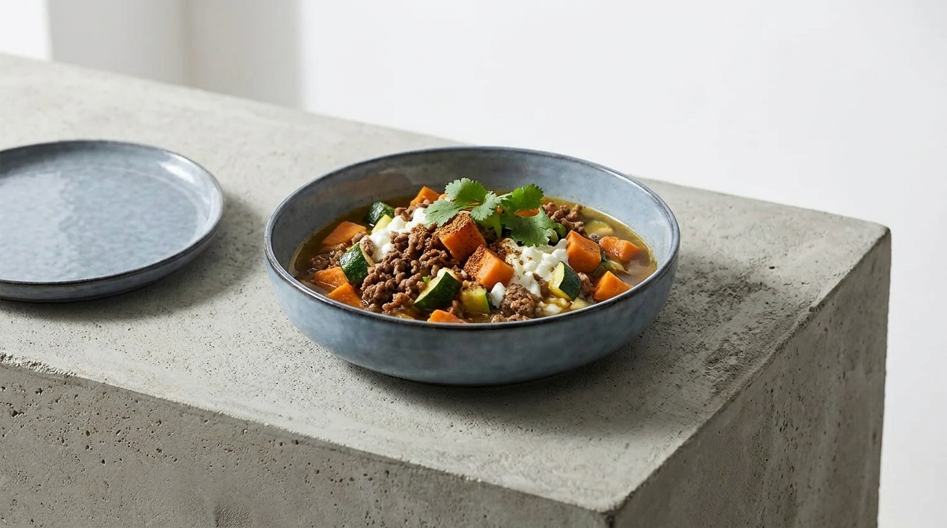 Schüssel mit Reis, braunem Hackfleisch, gewürfeltem orangefarbenem Kürbis und frischen Korianderblättern in einer würzigen Brühe.