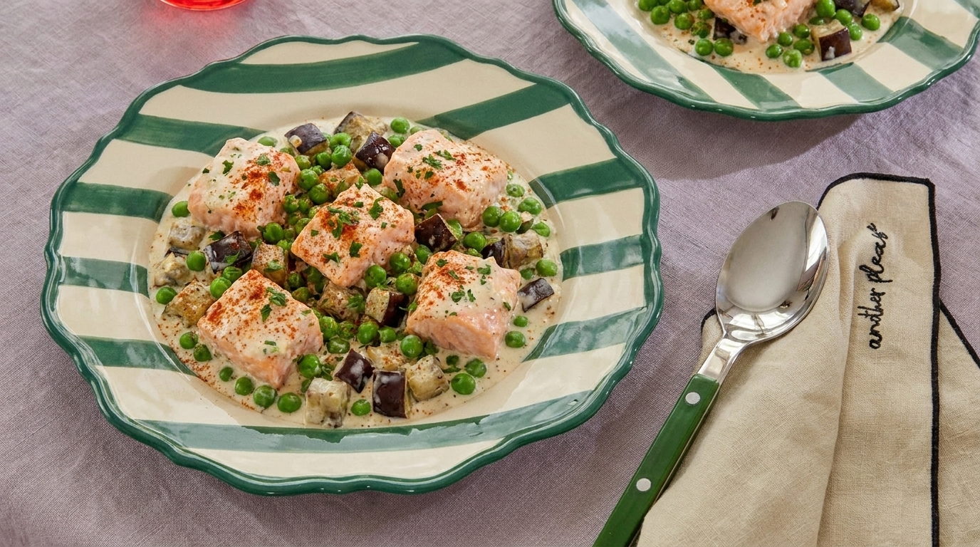 Teller mit Lachs‑würfeln in cremiger Sauce, grünen Erbsen und gewürfelter Aubergine, mit Kräutern garniert.