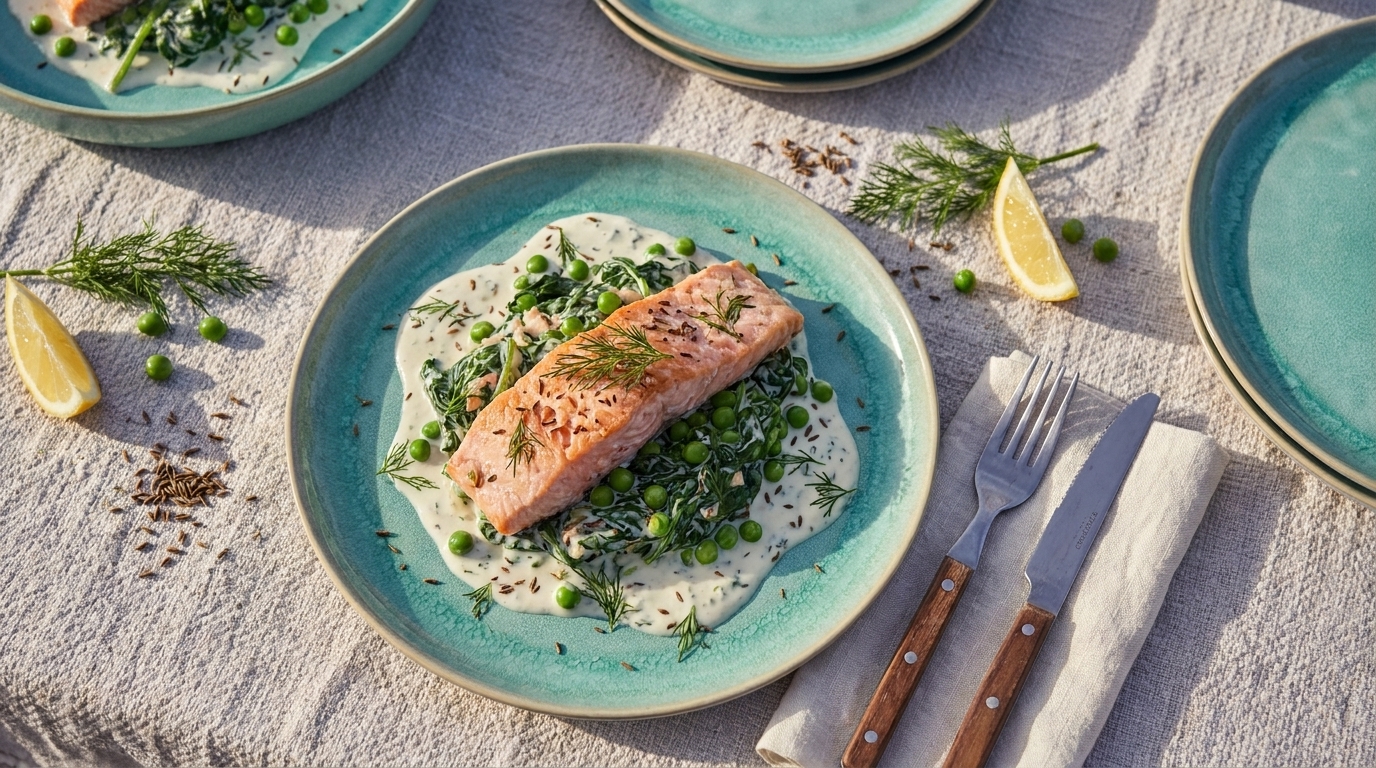 Gebratenes Lachsfilet auf cremigem Erbsen-Spinat-Bett, garniert mit Dill und Zitronenschnitz, serviert auf einem türkisfarbenen Teller.