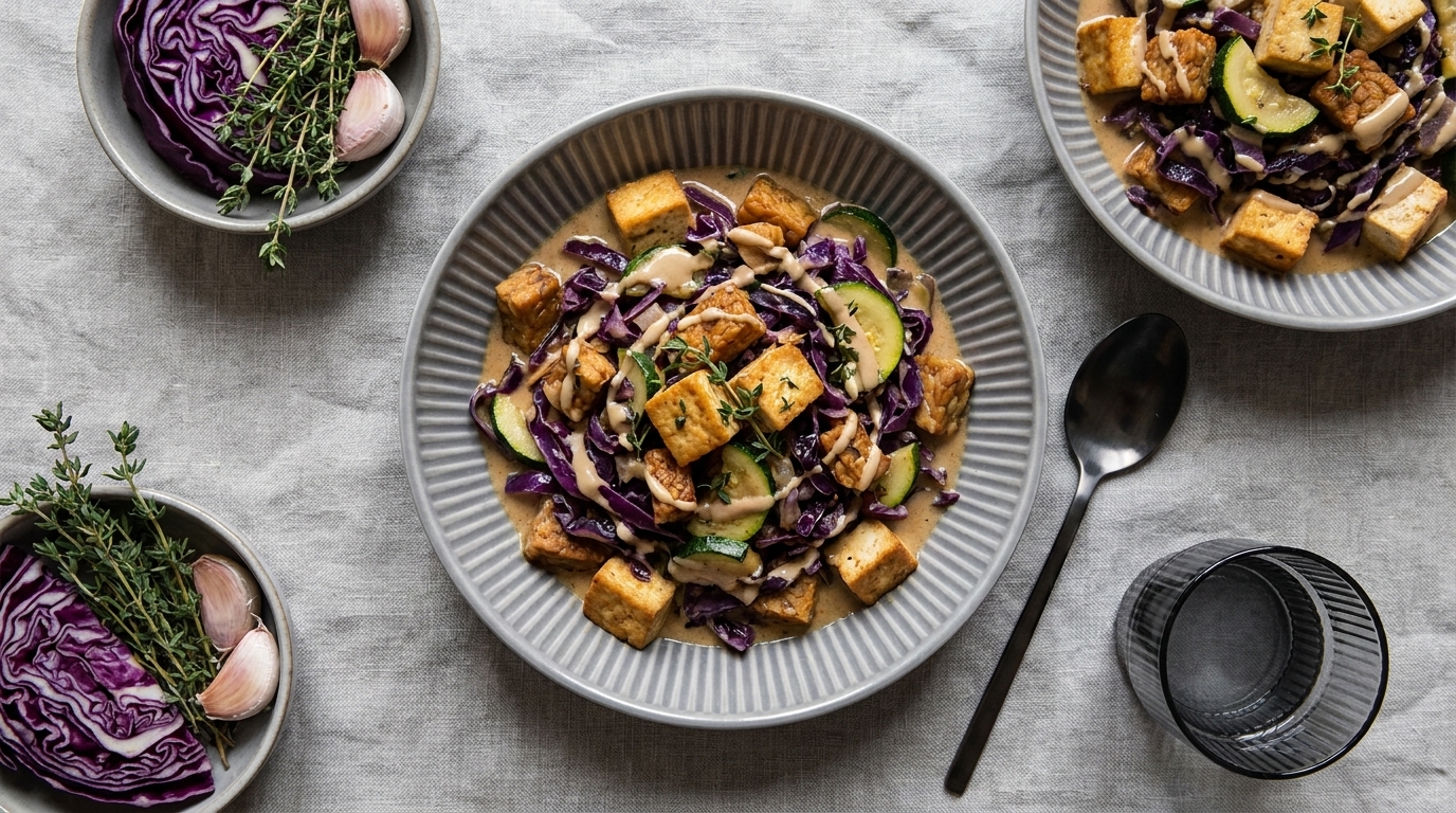 Teller mit veganem Gericht: knusprig gebratener Tofu, dünn geschnittener Zucchini, Rotkohl und gehackte Nüsse, garniert mit frischen Kräutern.