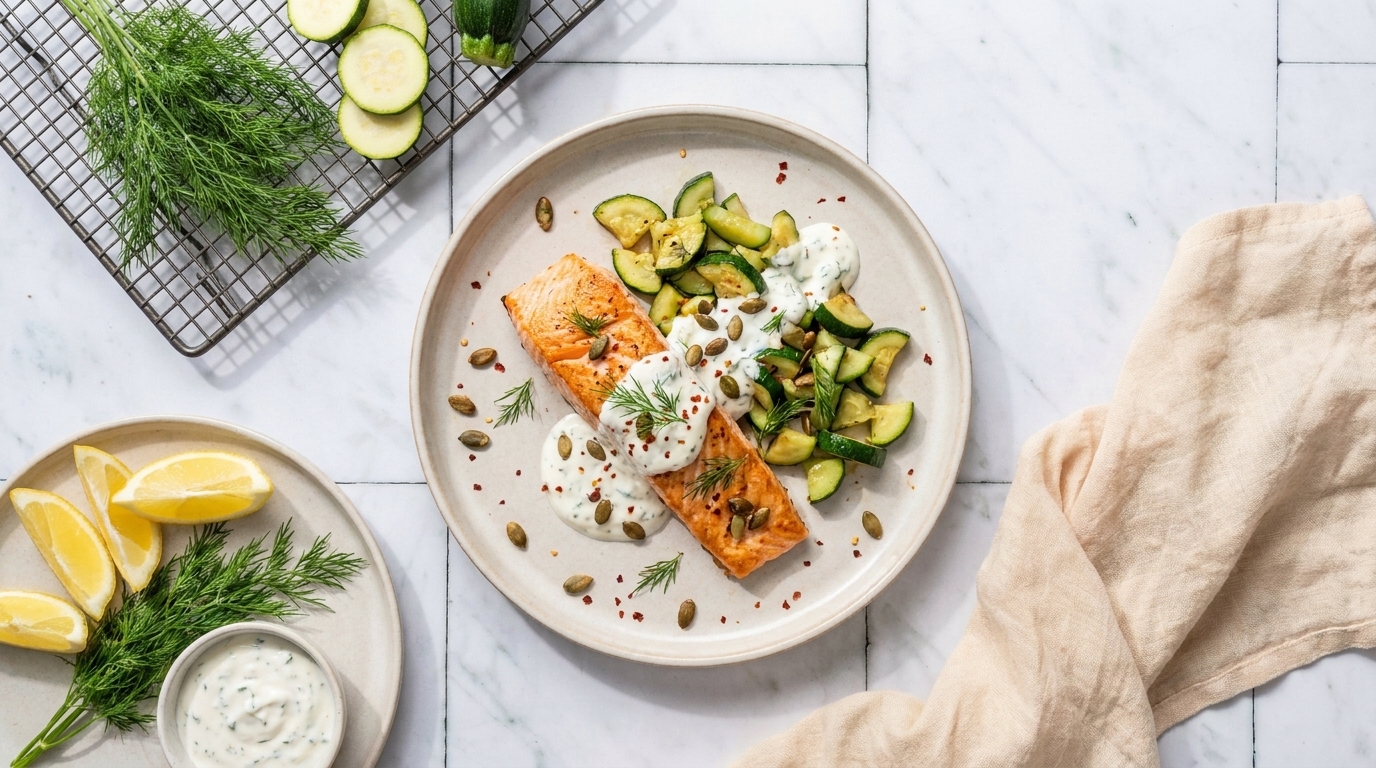Gebratene Lachsfilets auf einem Teller mit gebratenen Zucchinistücken, Kräuter-Joghurt-Sauce und Kürbiskernen; Zitronenspalten und Dill als Beilage.