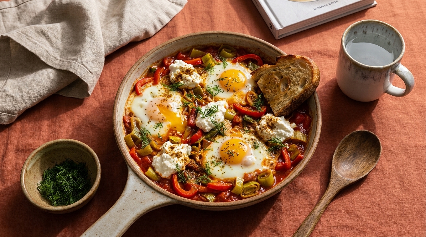 Pfanne mit Shakshuka: vier pochierte Eier in würziger Tomaten-Paprika-Soße, getoppt mit Ricotta und frischen Kräutern, dazu eine Scheibe geröstetes Brot.