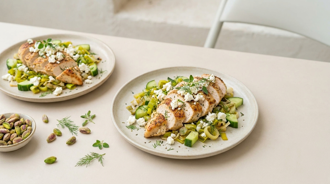Zwei Teller mit gegrillter, in Scheiben geschnittener Hähnchenbrust auf würzigem Gurken‑Zucchini‑Salat, bestreut mit zerbröseltem Feta, frischen Kräutern und Pistazien.