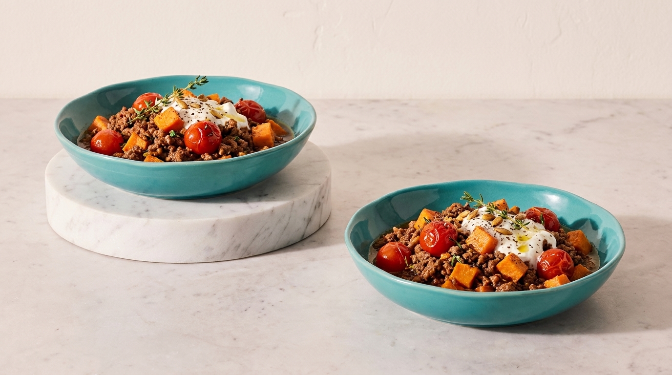 Zwei türkisfarbene Schalen mit herbstlicher Bowl aus Körnern, gebackenen Süßkartoffelwürfeln, Kirschtomaten, Joghurt, zerbröseltem Käse und frischen Kräutern.