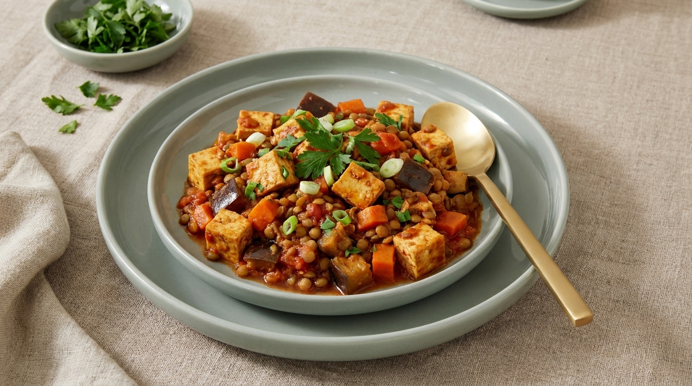 Schüssel mit würzigem Linseneintopf, gebratenen Tofu‑würfeln und Gemüse in Tomatensauce, garniert mit Frühlingszwiebeln und Petersilie.