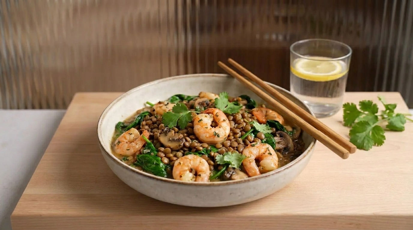 Schale mit Garnelen auf Linsensalat, Spinat und Pilzen, garniert mit Koriander; Essstäbchen liegen darauf, daneben ein Glas Wasser mit Zitronenscheibe.