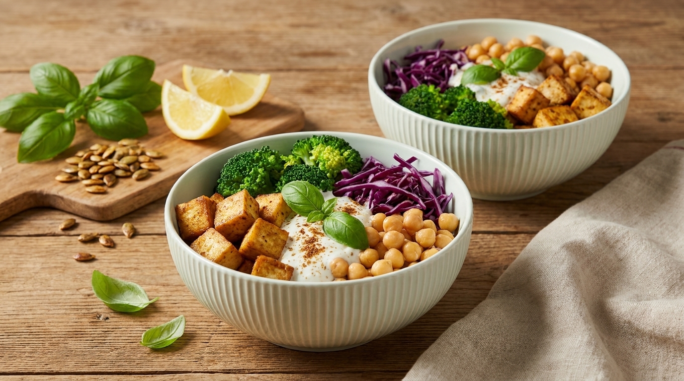Zwei Schalen mit Buddha-Bowls: gebratener Tofu, Kichererbsen, Brokkoli, Rotkohl und cremiges Dressing, garniert mit Basilikum.