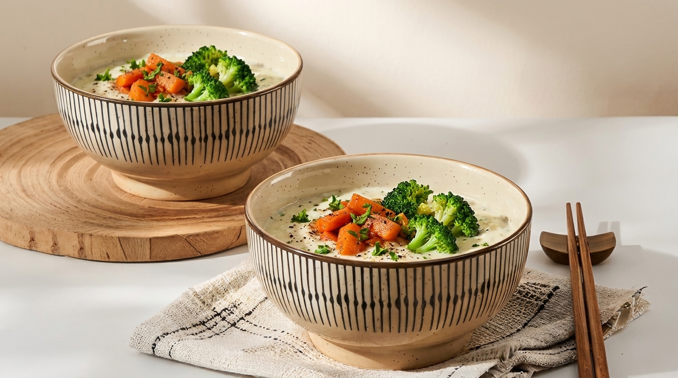 Zwei Schalen cremige Gemüsesuppe, garniert mit Brokkoli, gewürfelten Karotten und frischen Kräutern, auf Serviette und Holzbrett angerichtet.