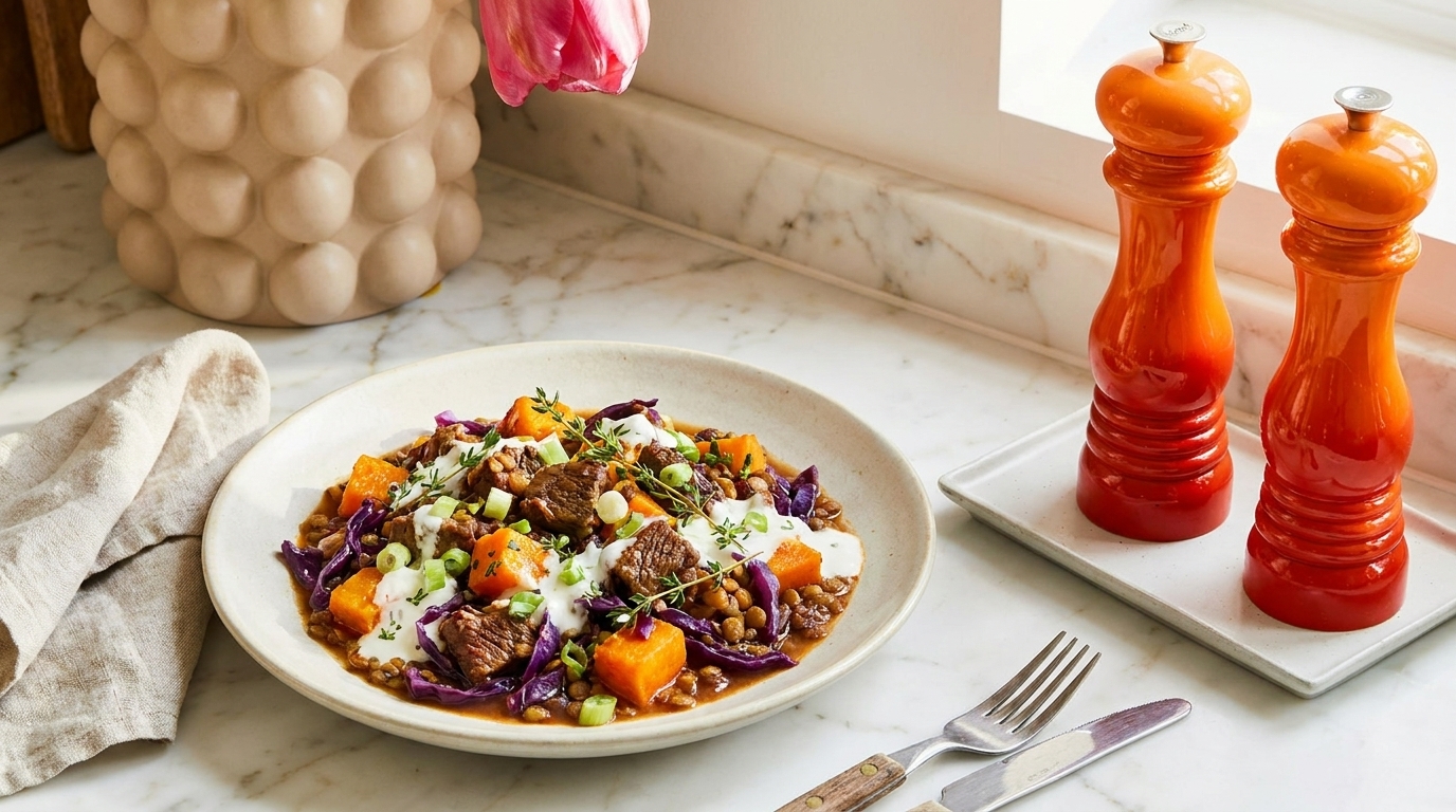 Teller mit gebratenen Rindfleischwürfeln, gebackenen Kürbiswürfeln und Rotkohl, garniert mit Joghurtsauce und gehackten Kräutern.
