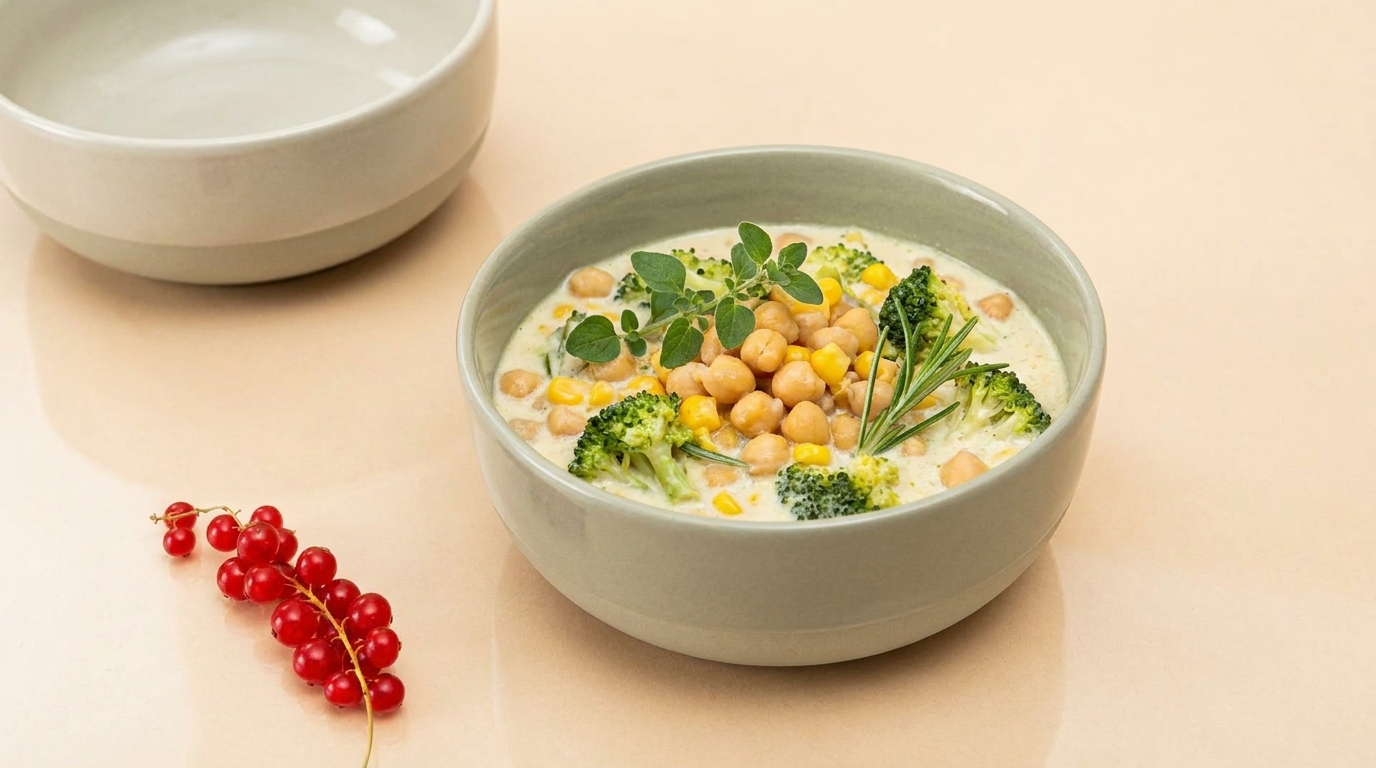Schale mit cremiger Gemüsesuppe, garniert mit Brokkoliröschen, Kichererbsen, Maiskörnern und frischen Kräutern (Rosmarin, Thymian).
