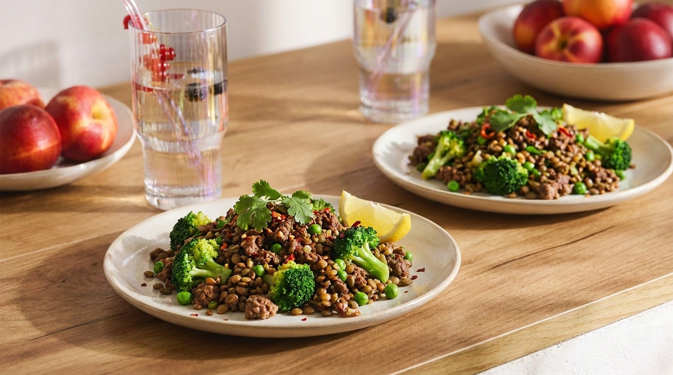 Zwei Teller mit Linsensalat, Brokkoliröschen, frischen Kräutern und Zitronenschnitz auf einem Holztisch.