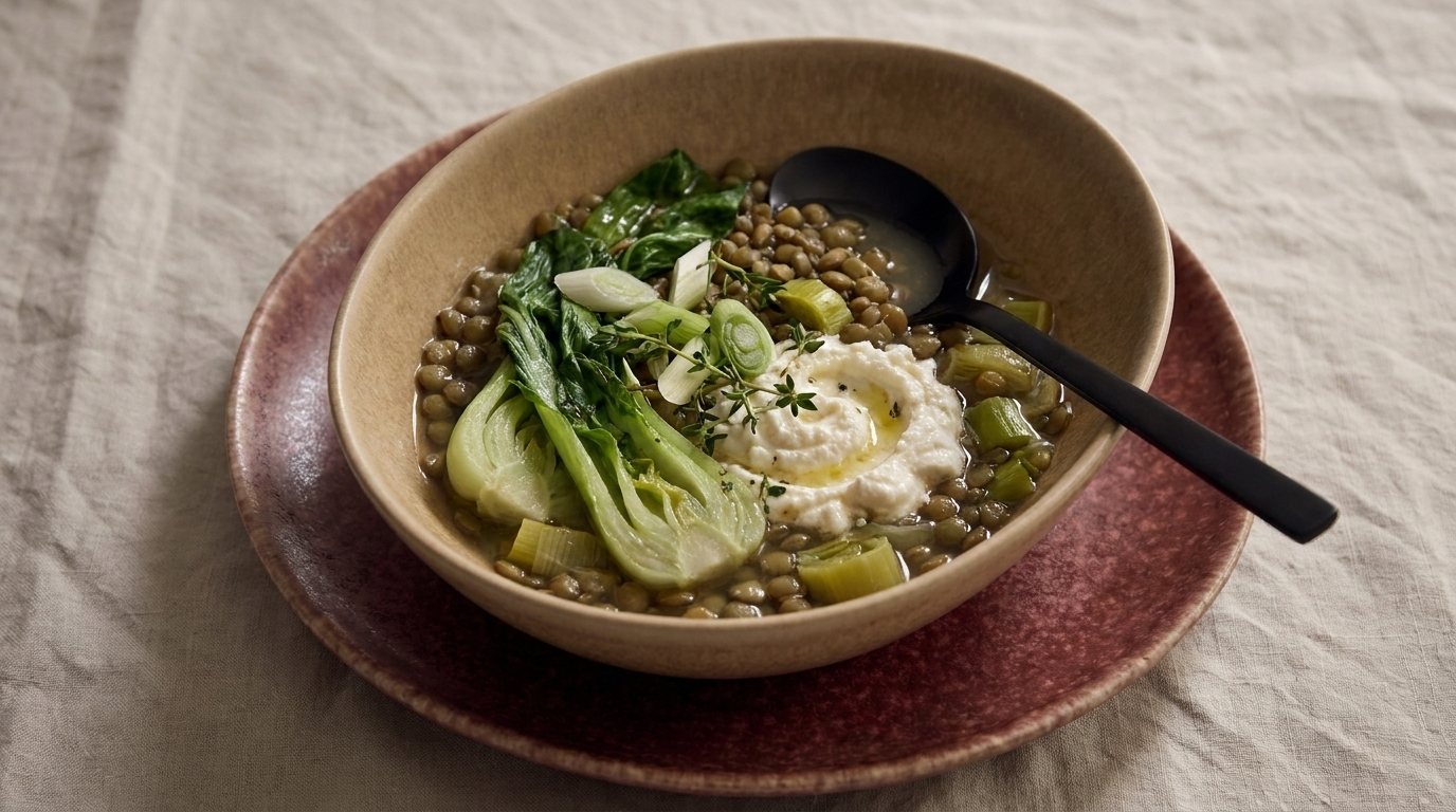 Schale mit Linseneintopf, darauf ein pochiertes Ei, Baby-Bok-Choy, Frühlingszwiebeln und Kräuter, daneben ein schwarzer Löffel.