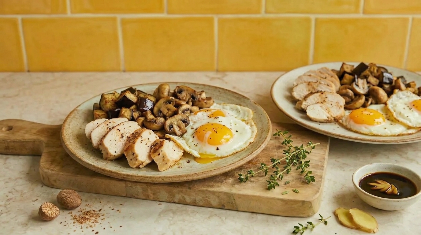 Zwei Teller mit Frühstück: Spiegeleier, in Scheiben geschnittenes Hühnchenbrustfilet und sautierte Champignons, serviert auf einem Holzbrett mit frischen Kräutern.