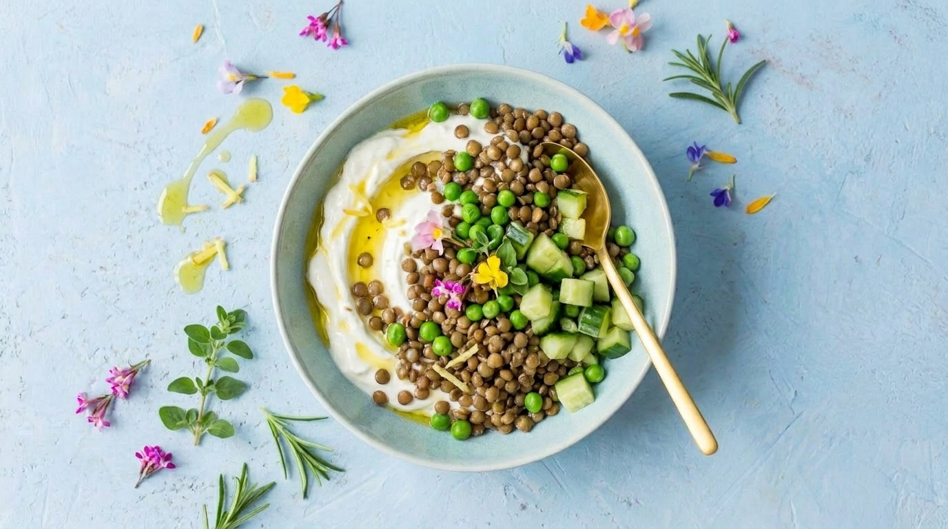 Schale mit Joghurt, braunen Linsen, grünen Erbsen und gewürfelter Gurke, mit Olivenöl beträufelt, essbaren Blüten und einem goldenen Löffel garniert.