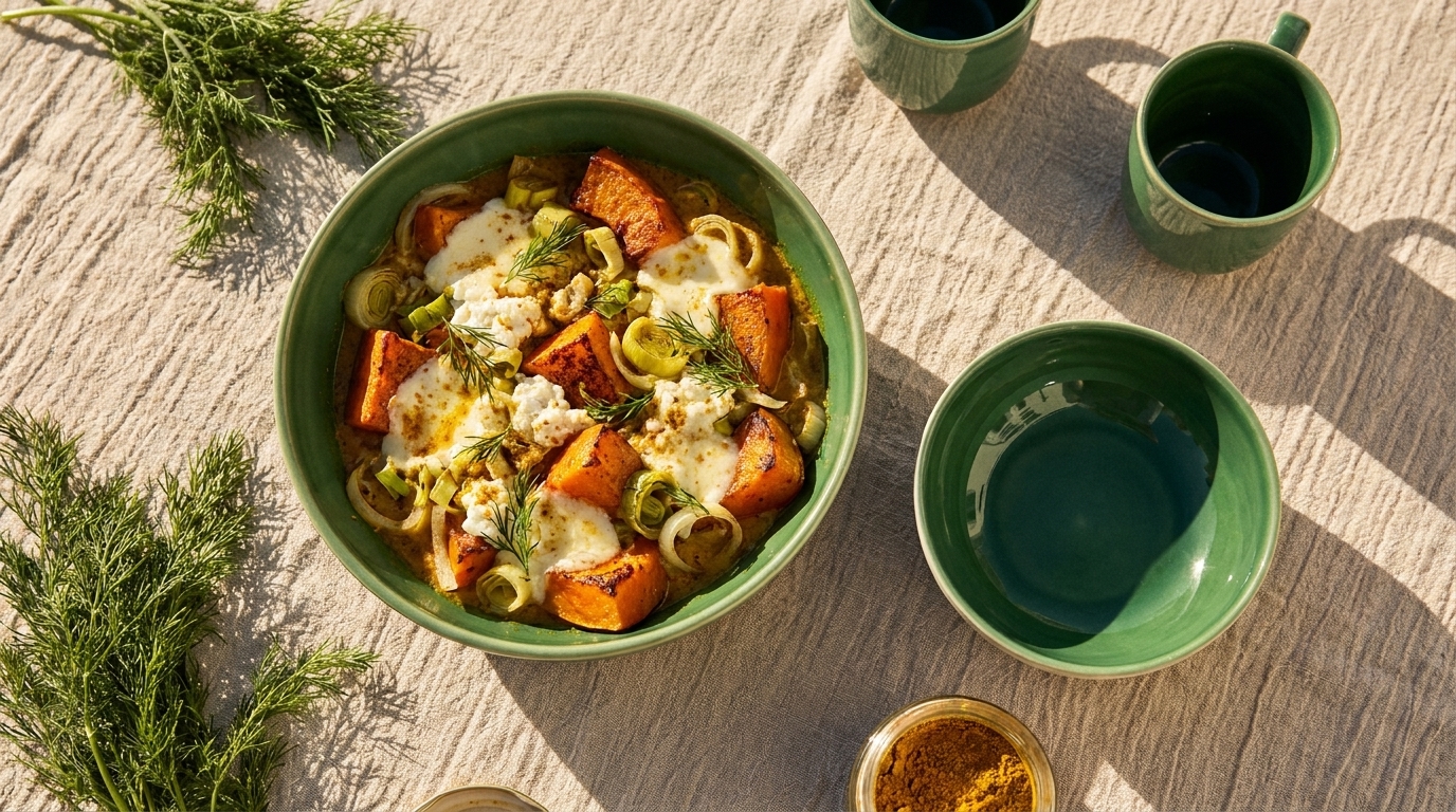 Grüne Schüssel mit gerösteten Kürbiswürfeln, geschmolzenem Käse, Lauchringen und Dill als warmes vegetarisches Gericht.
