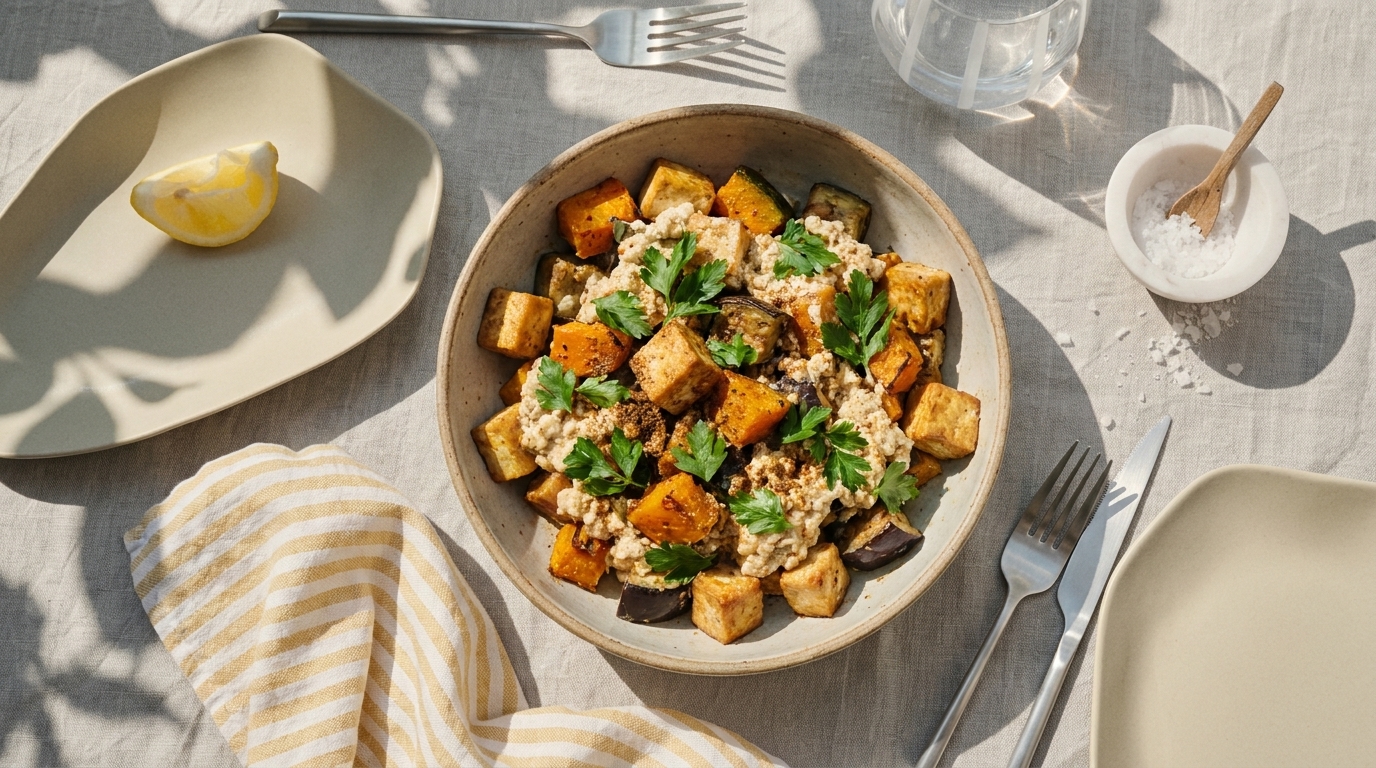 Schüssel mit gerösteten Gemüsewürfeln (Kürbis, Aubergine), knusprigem Tofu, frischen Kräutern und zerbröseltem Käse.