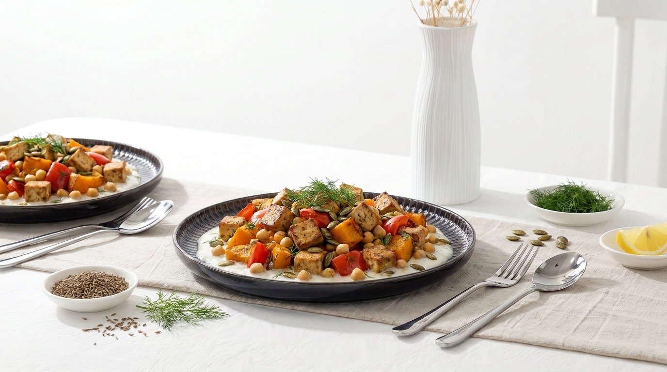 Zwei Teller mit gebratenem buntem Gemüse und kleinen Würfeln auf cremiger Sauce, garniert mit frischen Dillzweigen, auf einem weiß gedeckten Tisch.