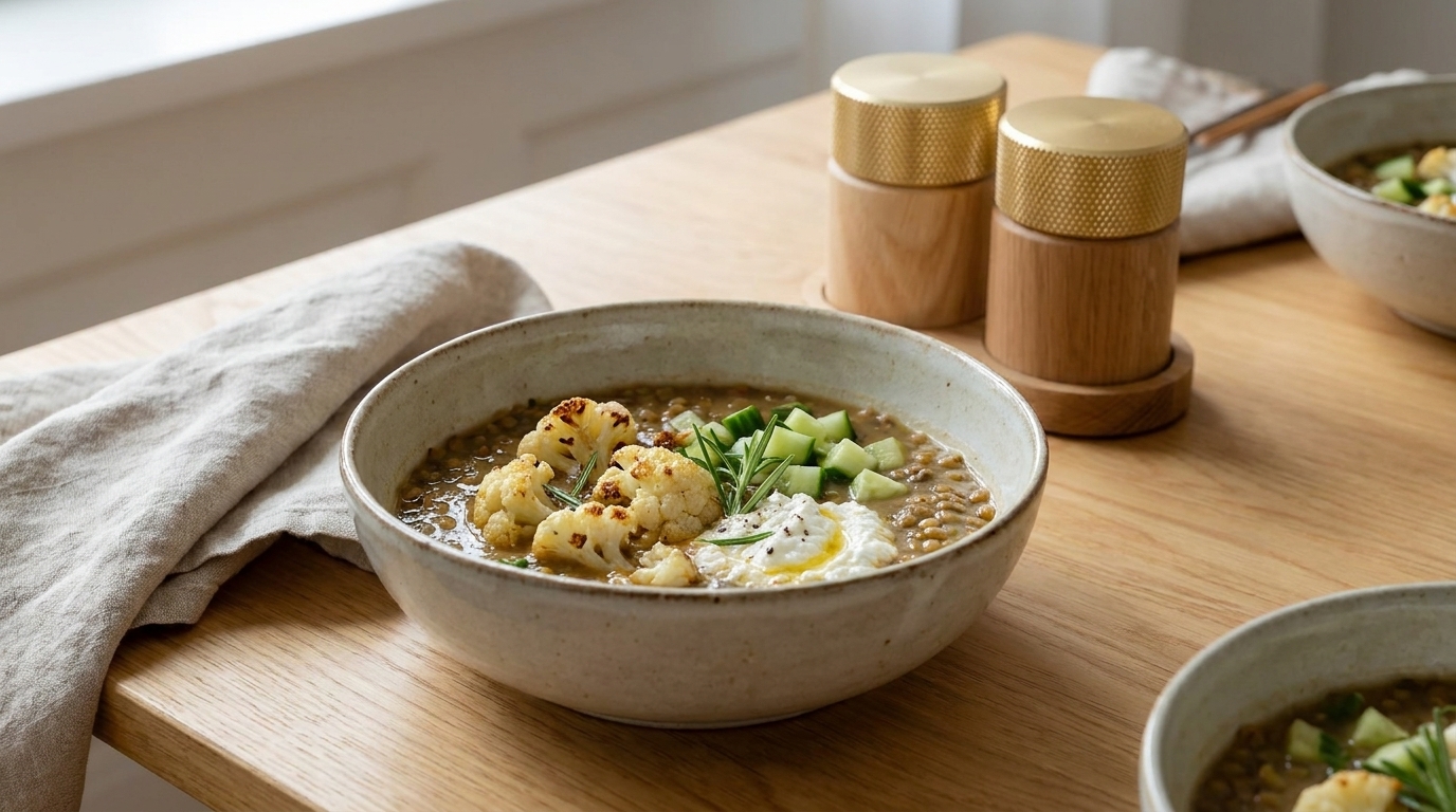 Schale mit Linsensuppe, garniert mit geröstetem Blumenkohl, pochiertem Ei, gewürfelter Gurke und frischen Kräutern.