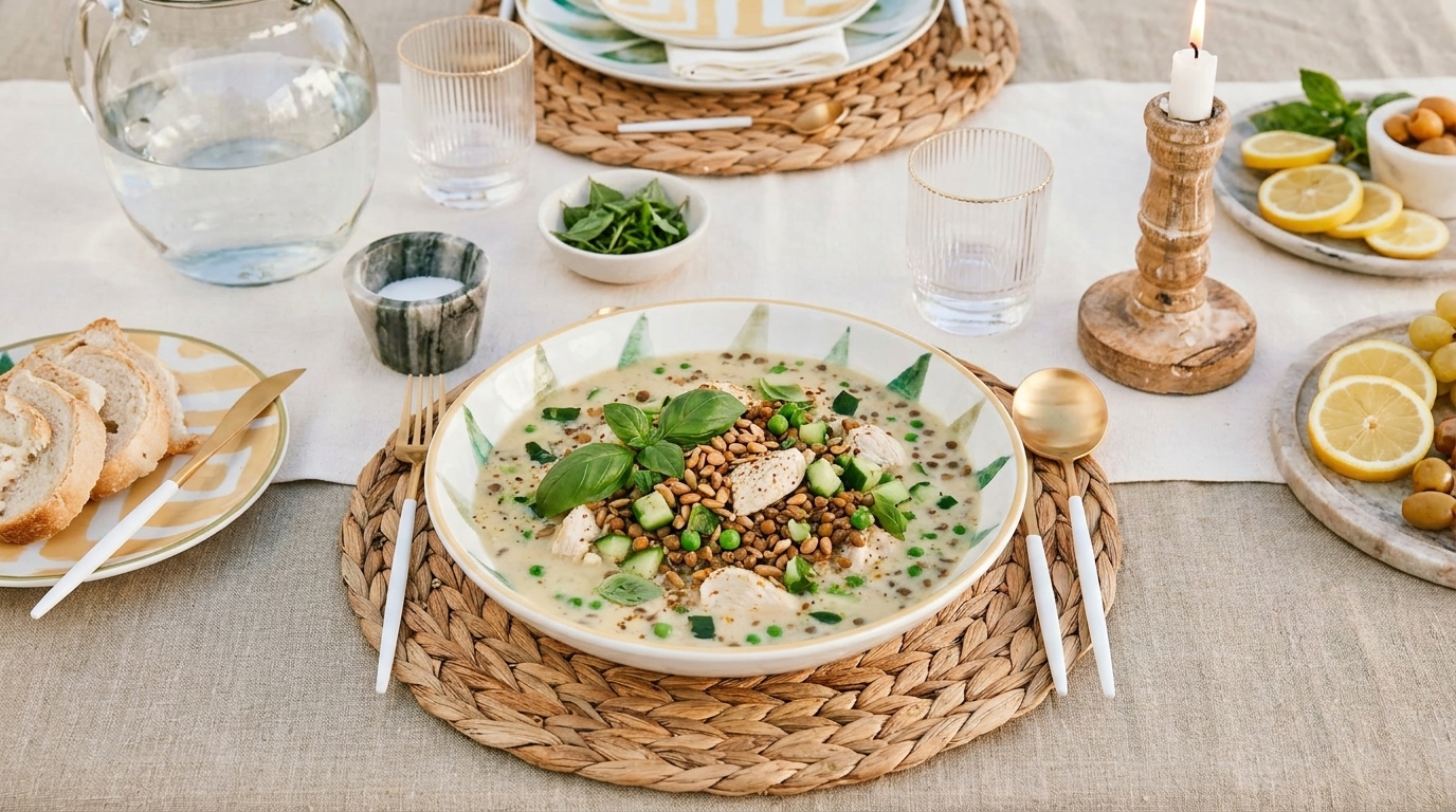 Schale mit cremiger grüner Suppe, garniert mit frischen Erbsen, Kräutern, Basilikumblättern, gerösteten Samen und Linsen, serviert auf einem geflochtenen Platzdeckchen.